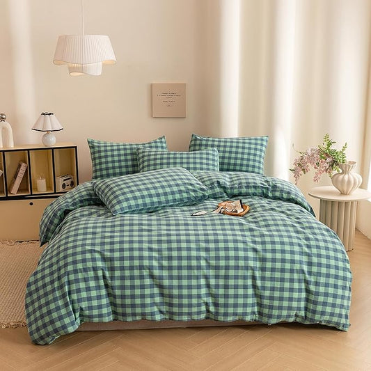 ECOCOTT Grid Plaid Duvet Cover King Size -100% Washed Cotton Linen Like Textured Breathable Durable Soft Comfy Bedding Set Mini Green Blue Plaid