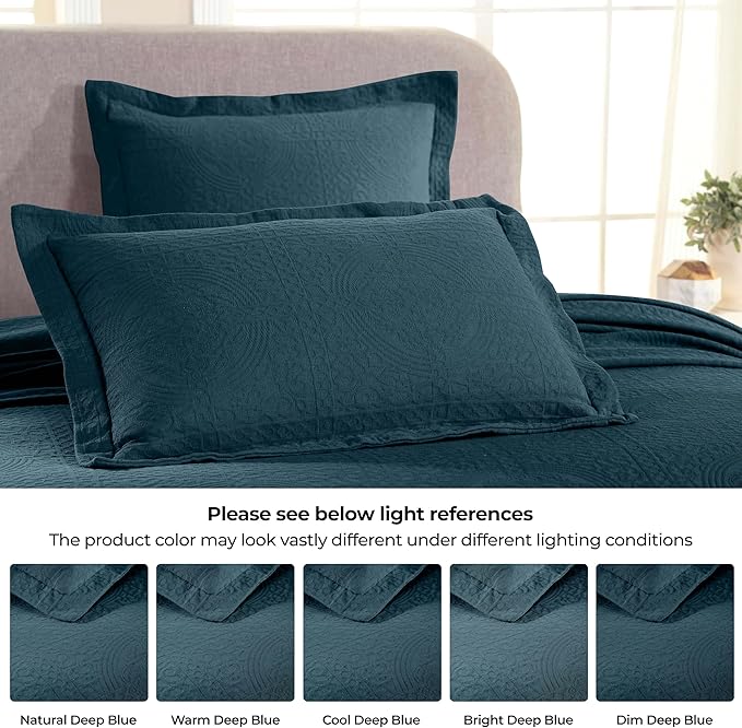 Superior Cotton Fleur De Lis Bedspread Set, Warm Blankets, All-Season Bedding, Bedroom Decor, Decorative Boho Medallion Coverlet, Includes 1 Bedspread, 2 Pillow Shams, Queen, Deep Sea