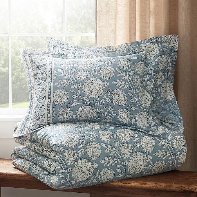 Levtex Home Adare Blue Reversible Twin Duvet Cover Set (68x88in) with 1 Pillowcase (26x20in) - Floral Bedding - Blue and White - 100% Cotton Twin Size Duvet Cover Set - Soft, Pre-Washed