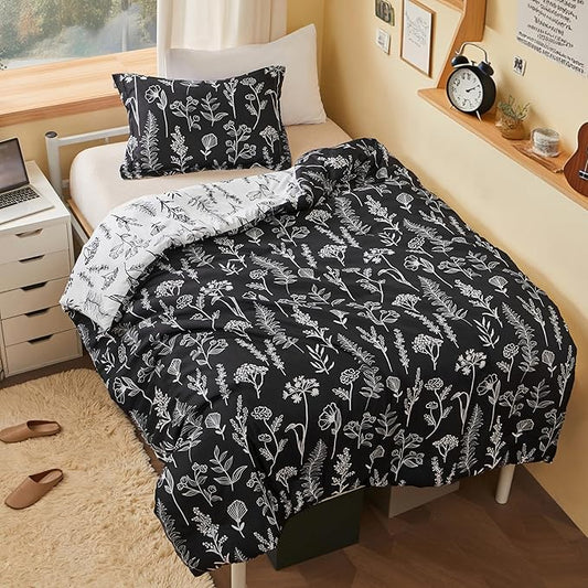 Joiedomi Twin Comforter Set Black, 2 Pieces Floral Twin Bedding Set with 1 Soft Reversible Botanical Comforter and 1 Pillow Sham, Bed in a Bag for All Seasons