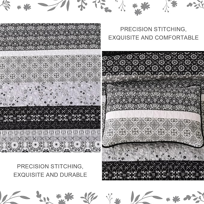 WONGS BEDDING Boho Quilt Set Queen Size,Black Bohemian Striped Patchwork Bedspread Set,3 Pieces Microfiber Bedding Set for All Seasons (96"x90")