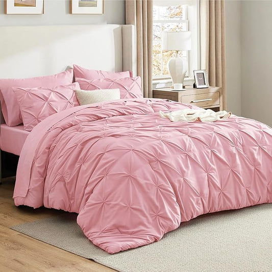 Bedsure Full Comforter Set Baby Pink - Bed in a Bag Full Size Bedding Set 7 Pieces, GentleSoft™ Pintuck Bed Set Gift for Family, Pinch Pleat All Season Comforter with Sheets, Pillowcases & Shams