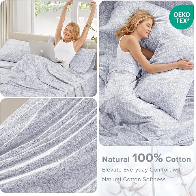 Comfort Spaces 100% Cotton Sheet Set Breathable, Lightweight, Soft with 14" Elastic Pocket Fits up to 16" Mattress, All Season Cozy Bedding, Matching Pillow Case, Full Adelia Gray 4 Piece