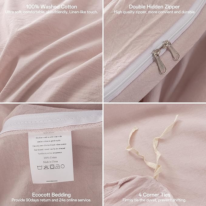 ECOCOTT Duvet Cover Set, 100% Washed Cotton Linen-Like Soft & Breathable, Durable Comfy Bedding Set for All Seasons Full Size (Greyish Pink)