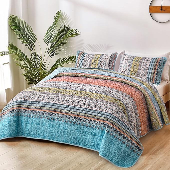 WONGS BEDDING Boho King Quilt Set, Pink and Blue Bohemian Quilt Bedding Set, Lightweight Bed Decor Bedspread for All Season Reversible Microfiber Coverlet Bedding Set 103"x90"(3 Pieces)