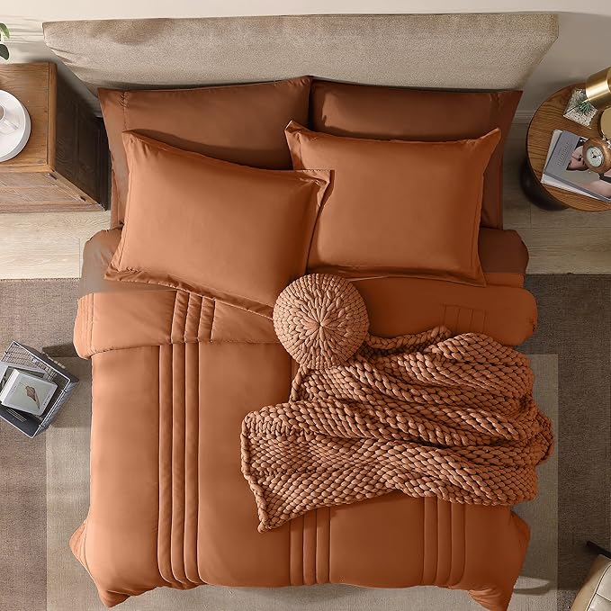 Monbix Oversized King Size Comforter Set - 7 Pieces Burnt Orange Bed in a Bag Oversized King Bedding Sets with Comforters, All Seasons Comforter Bed Set with Sheets, Pillowcases & Shams