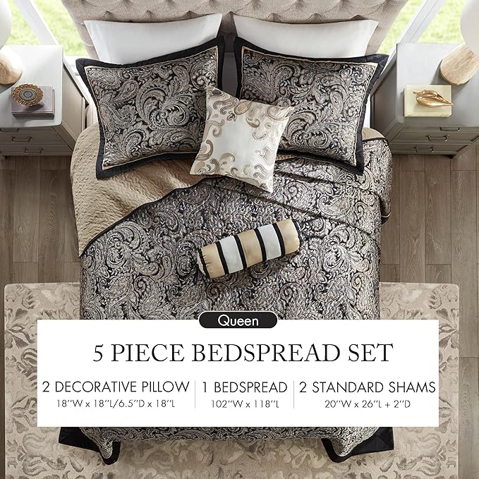 Madison Park Aubrey Reversible Quilted Bedspread Set, Solid Reverse Summer Breathable, Lightweight All Season Bedding Layer, Matching Shams, Bedspread Queen(102"x118"), Black 5 Piece