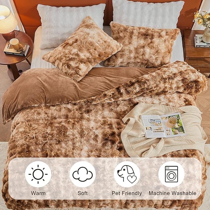 EMME Faux Fur Duvet Cover Queen Size, 3 Pieces Ultra Soft Fluffy Comforter Cover, Cozy Warm for Winter, Luxury Shaggy Bubble Design Bedding, 1 Duvet Cover & 2 Pillow Shams (Queen, Tie Dye Taupe)