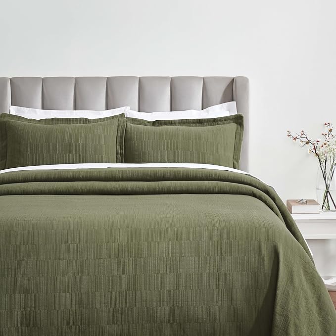 Superior 3 Piece Cotton Bedspread Sham Set, Home Decor, Decorative Bed Spread, 2 Pillow Shams, Medium Weight, Matelasse Coverlet, Bedding Essentials, Zenith Collection, California King, Olive Green