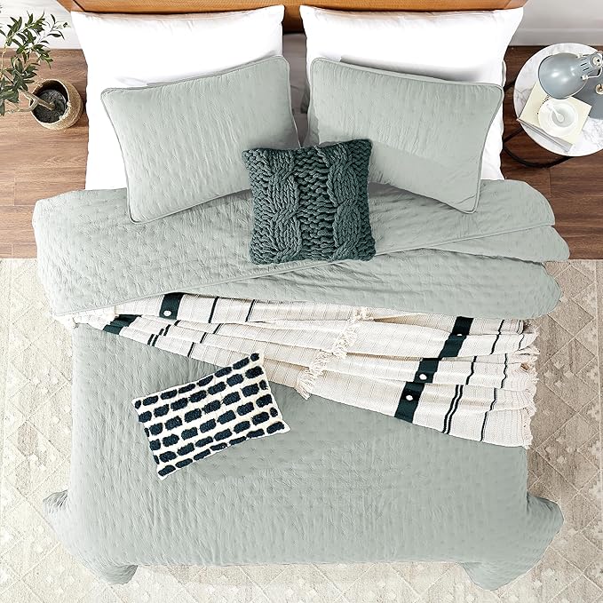 ROARINGWILD Queen Size Quilt Bedding Sets with Pillow Shams, Sage Green Lightweight Bedspread Coverlet, Quilted Blanket Thin Comforter Bed Cover, All Season, 3 Pieces, 90x90 inches