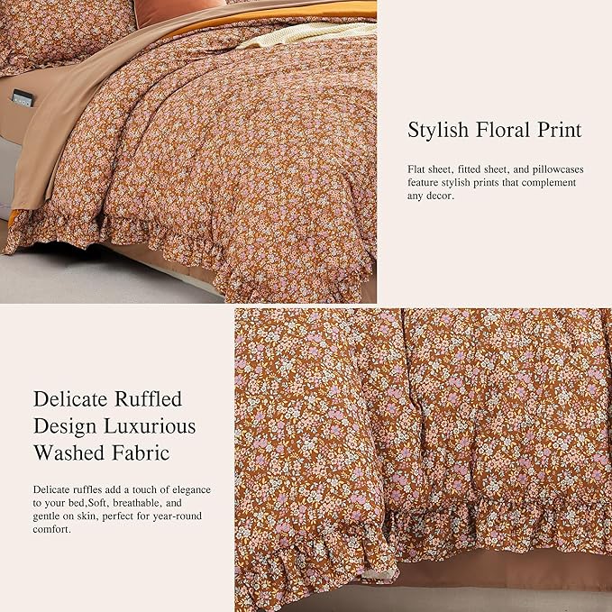 Queen Comforter Set - 7 Pieces Ruffle Brown Bedding Sets, Shabby Chic Farmhouse Bed in a Bag with Ruffle Comforter, Sheets, Pillowcases & Shams