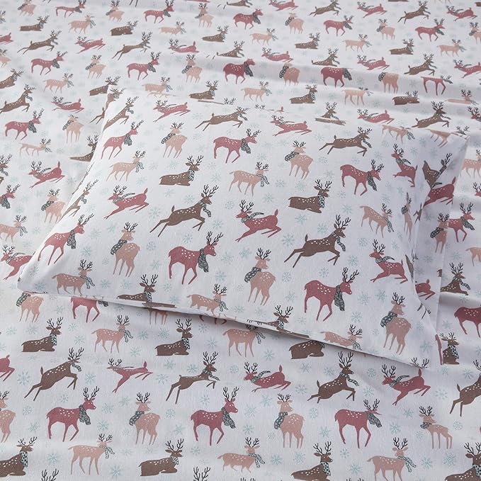 Sleep Philosophy True North Cozy Flannel Warm 100% Cotton Sheet - Novelty Print Animals Stars Cute Ultra Soft Cold Weather Bedding Set, King, Reindeer 4 Piece