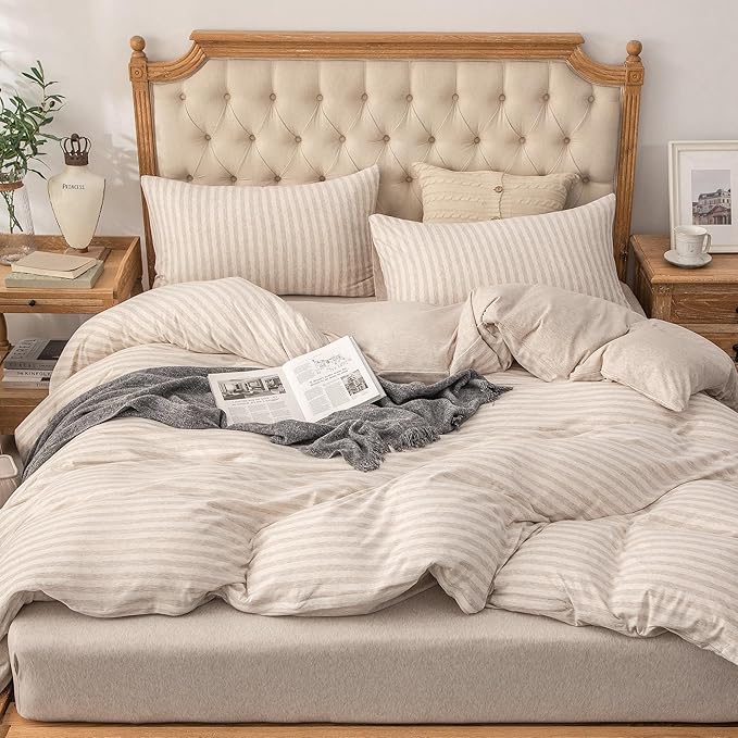 PURE ERA Jersey Knit Duvet Cover Set 100% T-Shirt Heather Cotton Super Soft Comfy Classic Striped Design, with Zipper Closure, Heather Beige Stripe, Queen