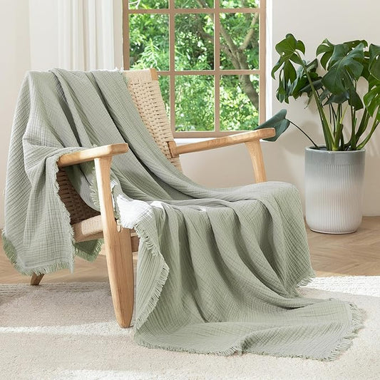 MooMee Muslin Blanket - 100% Cotton 4-Layer Gauze Throw Blanket with All-Around Fringe Ultra-Soft Breathable Lightweight Cooling for Bed Couch (Sage Green,Throw XL 50" x 70")