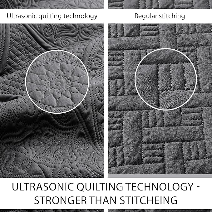 IR Imperial Rooms Twin Quilt Bedding Set Size (68” x 86”) + 1 Pillow Shams (20” x 26” + 2”) - 2 Pcs All Season Lightweight Reversible Microfiber Coverlet Floral Embossed Quilt Bedspread (Charcoal)