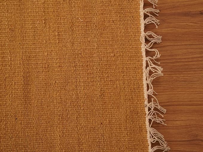 Rugsotic Carpets Hand Woven Flat Weave Kilim Wool ECO-Friendly Area Rugs - 8'x8', Square Shape, Gold Color, Solid Plain Design, Low Pile Handmade Area Rugs for Living Room, Bed Room (D00111)