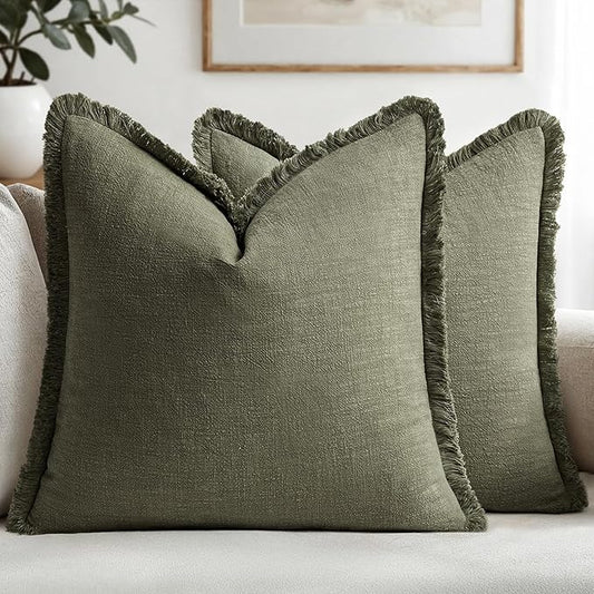 MIULEE Decorative Throw Pillow Covers Neutral Linen Fringe Throw Pillows Euro Shams Set of 2 Olive Green Boho Farmhouse Cushion Covers for Couch Sofa Bed Living Room Spring Home Decor 22x22 Inch