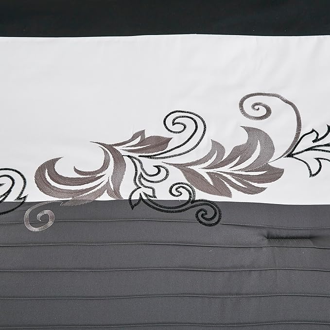 Chezmoi Collection Napa 7-Piece Luxury Leaves Scroll Embroidery Bedding Comforter Set (California King, Black/Gray/White)