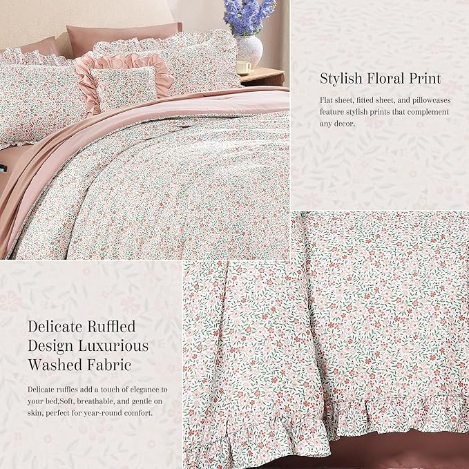 Queen Comforter Set - 7 Pieces Ruffle Pink Ditzy Bedding Sets, Shabby Chic Farmhouse Bed in a Bag Queen with Floral Comforter, Sheets, Pillowcases & Shams