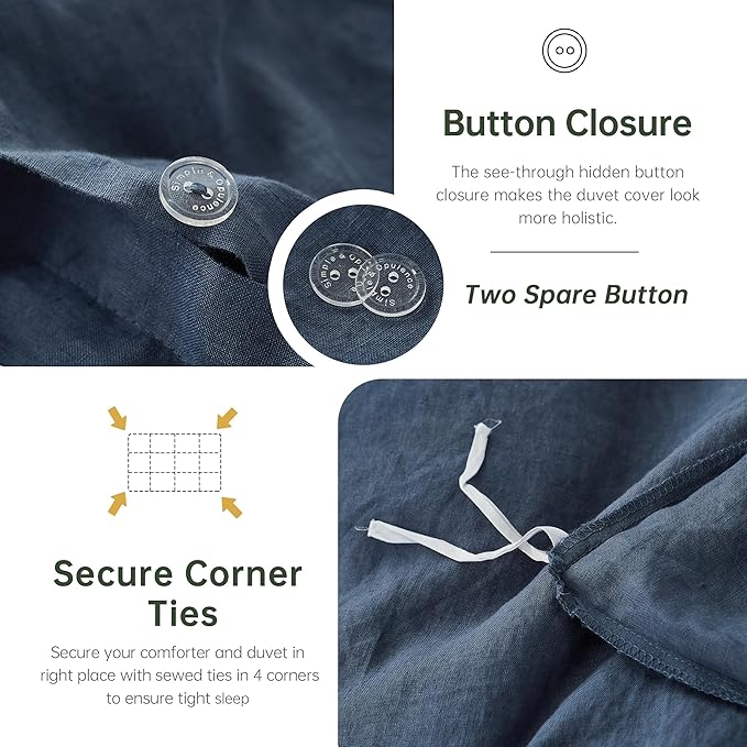 Simple&Opulence 100% Linen Duvet Cover Set, 3 PCS Classic Blue Duvet Cover Queen Size, Breathable Soft Comfy Linen Bedding Comforter Cover with 2 Pillowcases(Classic Blue, 88"x92")