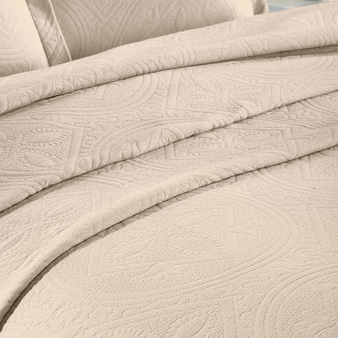 Superior 2 Piece Celtic Circles Cotton Bedspread Set, Decorative Bed Spread, Home Bed Decor, 1 Pillow Sham, Medium Weight Blanket, Matelasse Coverlet Bedding, Wedding Ring Design, Twin, Ivory