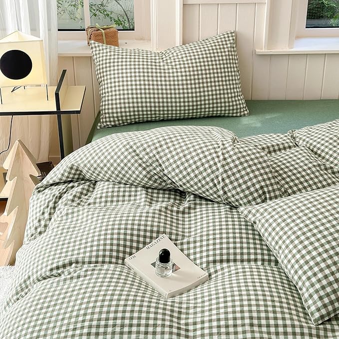 LifeTB Green Gingham Comforter Set King Modern Style Plaid Comforter Set 3 Pieces Boho Grid Comforter with 2 Pillowcases Soft Fluffy Checkered Pattern Comforter Farmhouse Gingham Bedding Set King