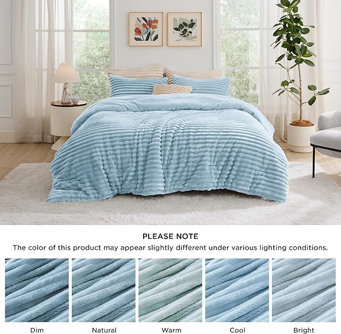 Bedsure King Size Comforter Set - GentleSoft™ 3 Pieces Fluffy Double-Side Fleece Comforter Set, Cozy Striped Room Decor Aesthetic, Luxury Light Blue King Bedding with 2 Pillowcases, 104x90 Inches