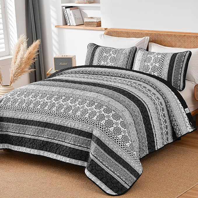 WONGS BEDDING Boho Quilt Set Full Size, Grey Bohemian 3 Pieces Quilt Sets, Lightweight Microfiber Bedspread Coverlet Bedding Set for All Season (78"x90")