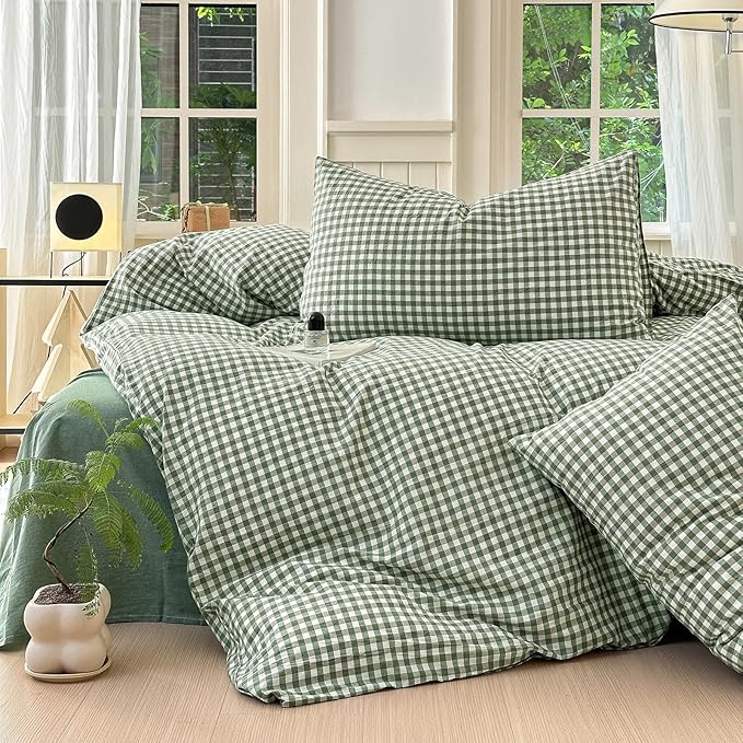 LifeTB Green Gingham Duvet Cover King Boho Green Grid Plaid Duvet Cover 100% Washed Cotton Checkered Comforter Cover with 2 Pillowcases Farmhouse Plaid Comforter Cover Gingham Bedding Set