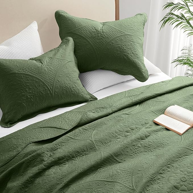 IR Imperial Rooms California King Quilt Bedding Set Size (118"x106") + 2 Pillow Shams (20" x 36"+ 2") - 3 Pcs All Season Reversible Microfiber Coverlet Embossed Floral Quilt Bedspread (Olive Green)