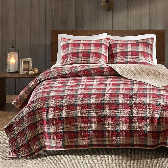 Woolrich Reversible Quilt Cabin Lifestyle Design - All Season, Breathable Coverlet Bedspread Bedding Set, Matching Shams, Oversized Full/Queen, Tasha Plaid Red/Tan 3 Piece