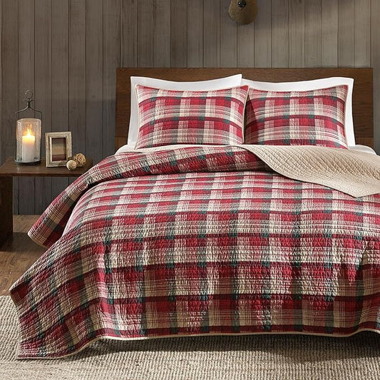 Woolrich Reversible Quilt Cabin Lifestyle Design - All Season, Breathable Coverlet Bedspread Bedding Set, Matching Shams, Oversized King/Cal King, Tasha Plaid Red/Tan 3 Piece