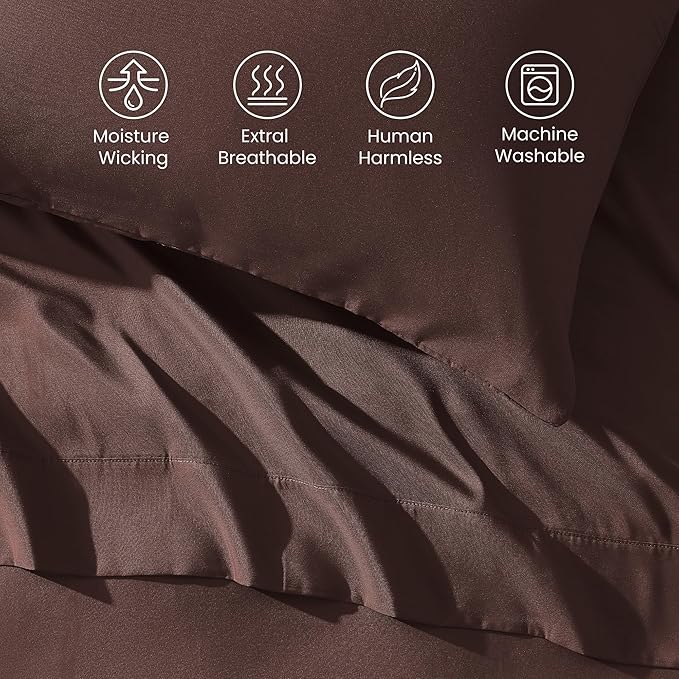 SLEEP ZONE Nanotex Super Soft Cooling Twin Bed Sheets Set for Kids 3 Piece - Easy Care Fitted Flat Sheet & Pillowcase Sets - Wrinkle Free, Fade Resistant, Deep Pocket 16" (Brown, Twin)
