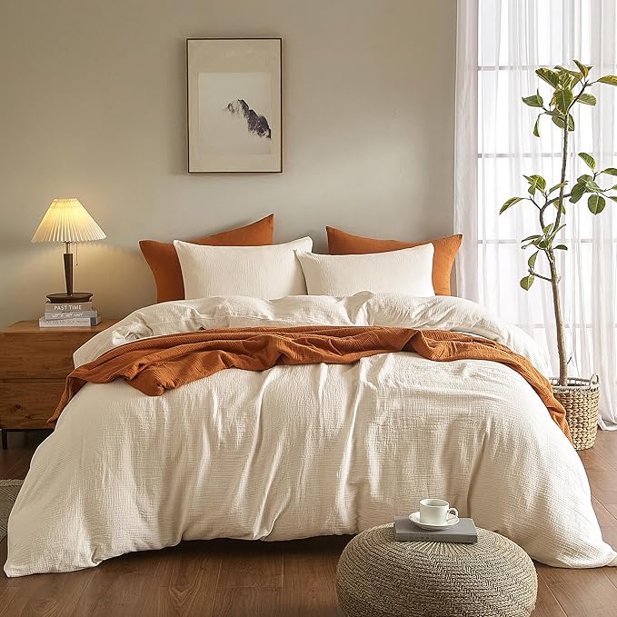 SE SOFTEXLY Muslin Duvet Cover Queen Size, 100% Washed Cotton Duvet Cover Set, Ultra Soft Comforter Cover Linen Like, 3 Pieces Minimalist Gauze Duvet Cover with 2 Pillowcases, 80"x90", Off-White