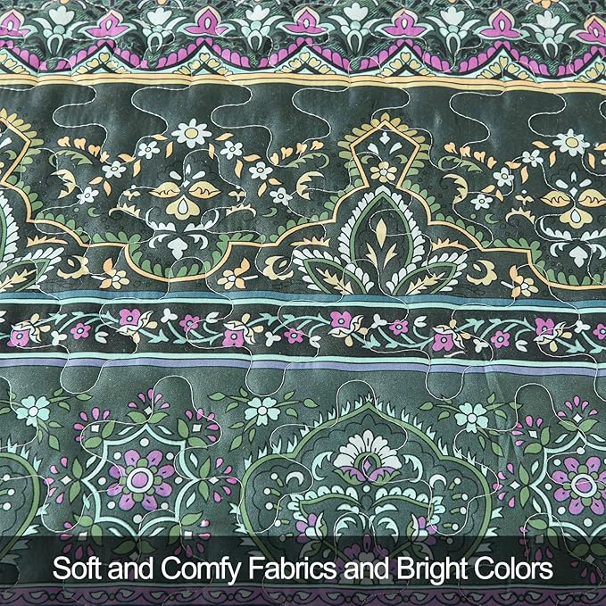 WONGS BEDDING Boho Quilt King Size, Green Bohemian King Quilt, Lightweight Microfiber Bed Decor Bedspread for All Season 103"x90"(3 Pieces)