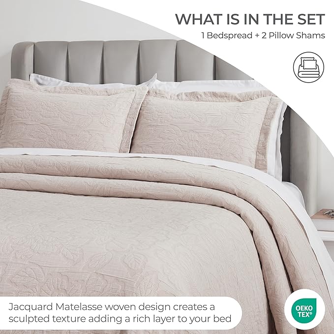 Superior 3 Piece Cotton Bedspread Set, Home Bed Decor, Decorative Bed Spread, 2 Pillow Shams, Medium Weight Blanket, Matelasse Coverlet, Bedding Essentials, Hibiscus Collection, Full, Blush