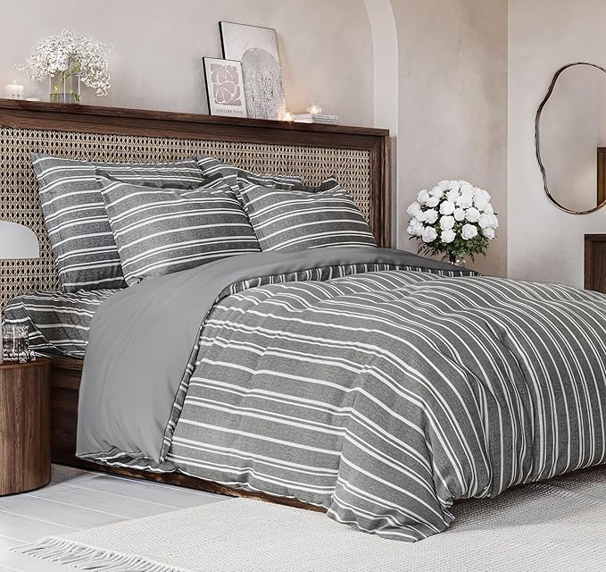 Duvet Cover Queen Size - Extra Soft Queen Size Duvet Cover - Lightweight, Breathable, Easy Care & Fade Free w/ Zipper Closures & Ties - 90" x 90" Inches - (Grey Stripes 3) Comforter Not Included