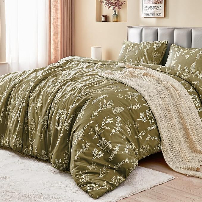 MUXHOMO Duvet Cover Queen Size, Reversible Floral Olive Green Duvet Cover Set with Zipper Closure, 3 Pieces Botanical Patterns Soft Microfiber Bedding Set with 4 Ties (90"x90", 2 Pillow Cases)