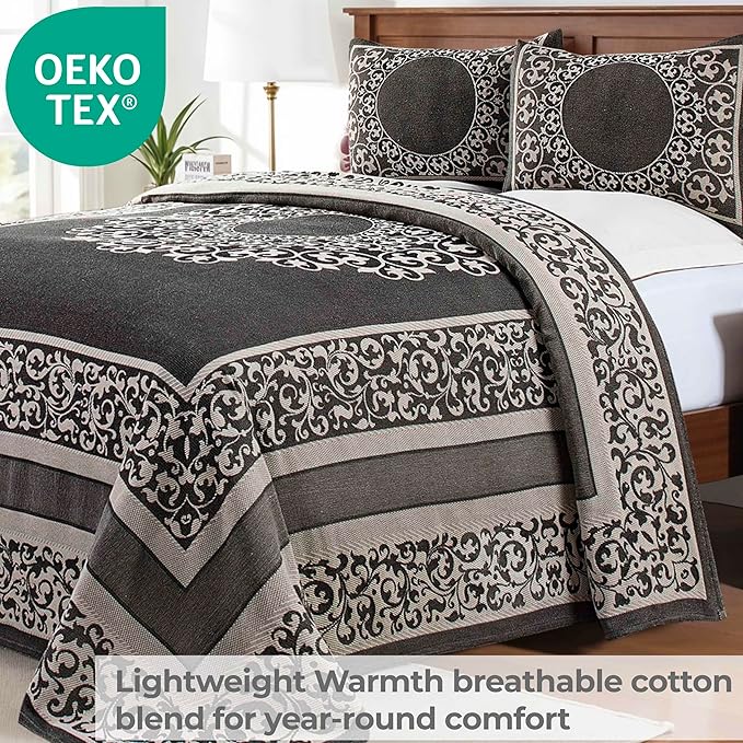 Superior Cotton Blend Bedspread Set, Includes Oversized Bedspread and 2 Matching Pillow Shams, Light Weight Blanket, Bedding Decor, Jacquard Vintage Floral Mandala, Lyron Collection - Queen, Charcoal