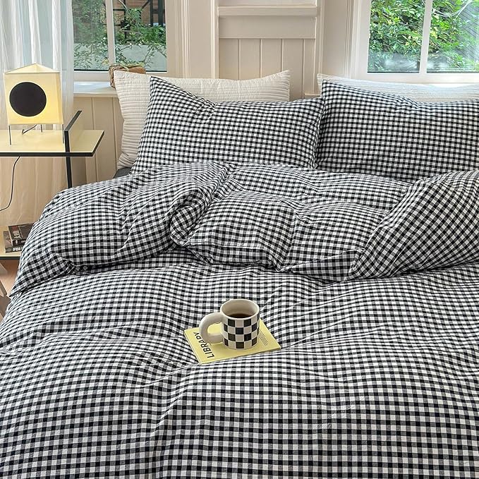 LifeTB Black Gingham Comforter Set King Geometric Checkered Plaid Comforter Set 3 Pieces Boho Grid Comforter with 2 Pillowcases Fluffy Soft Checkered Pattern Lightweight Gingham Bedding Set King