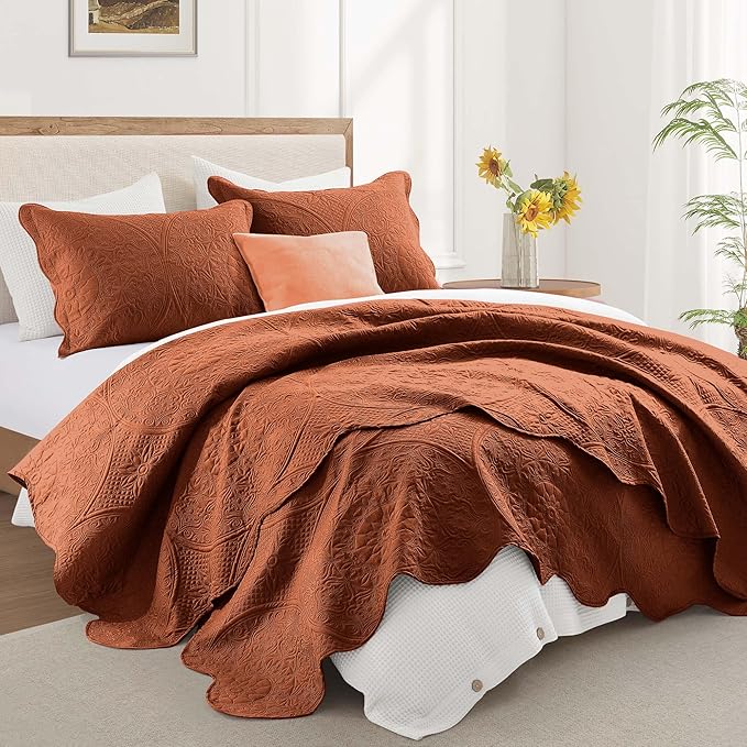 IR Imperial Rooms Twin Quilt Bedding Set Size (68” x 86”) + 1 Pillow Shams (20” x 26” + 2”) - 2 Pcs All Season Lightweight Reversible Microfiber Coverlet Floral Embossed Quilt Bedspread (Rust)