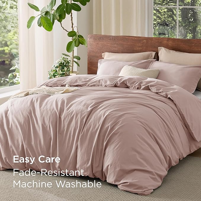 Bedsure 100% Washed Cotton Duvet Cover Twin Size - Petal Pink Minimalist Cotton Duvet Cover Linen Like for All Seasons - GentleSoft™ Plain Simple Bedding (Petal Pink, Twin, 68"x90")