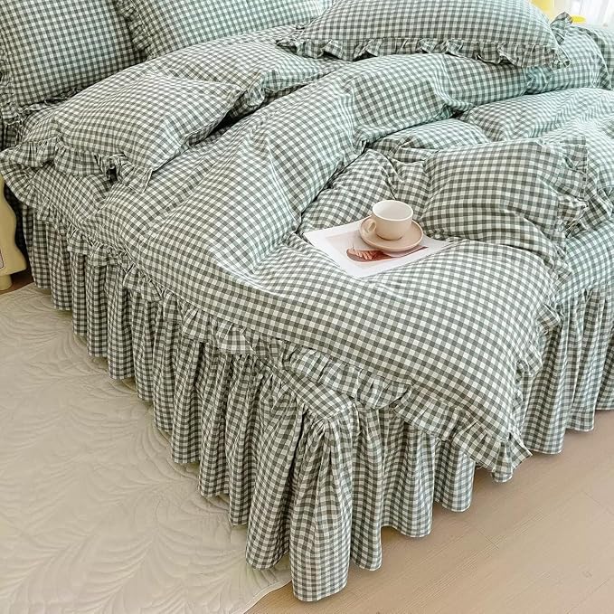 LifeTB Green Gingham Comforter Set King 3 Pieces Ruffle Plaid Comforter Set Chic Grid Bed Comforter with 2 Pillowcases Fluffy Soft Checkered Pattern Comforter Gingham Bedding Comforter King