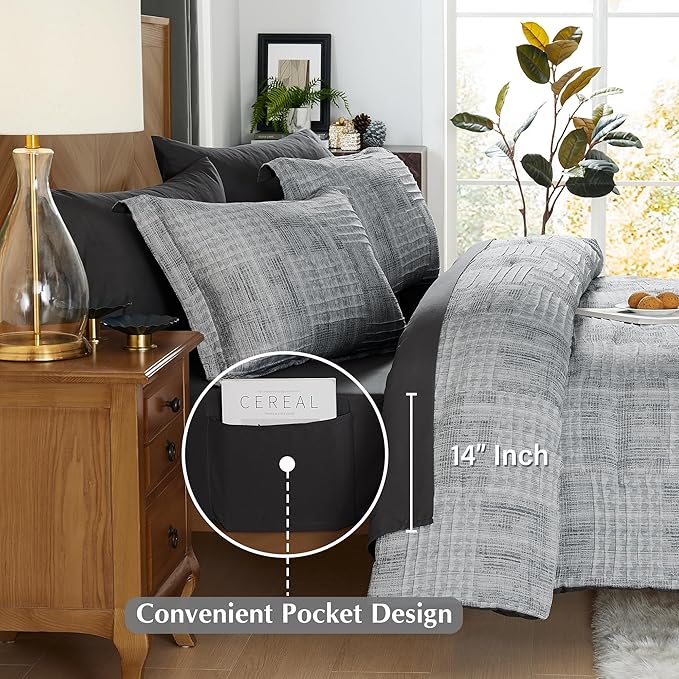 MaiRêve Charcoal Grey Full Comforter Set, Textured Design Grey Crinkle Bed in A Bag Full Size, Full Comforter Set with 7 Pieces with Comforter, Sheets, Pillowcases & Shams 80"x 90"