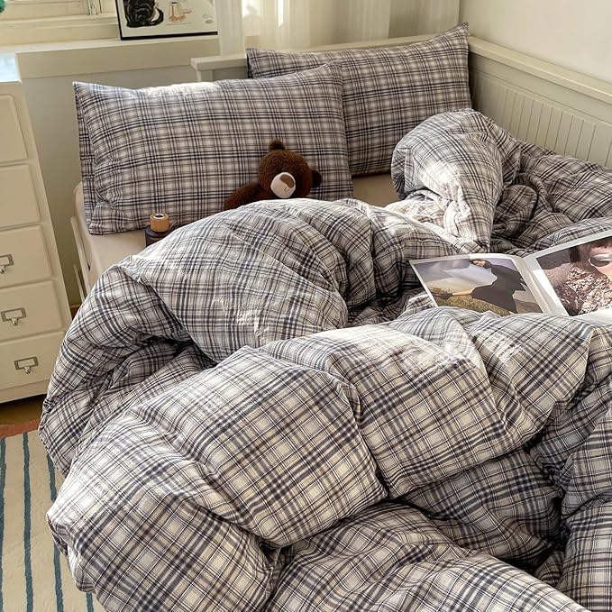 mixinni Twin Duvet Cover Set - 3 Piece Vintage Buffalo Plaid Bedding, 100% Washed Cotton Duvet Cover with 2 Pillowcases, Soft & Breathable Navy Beige White Geometric Grid Pattern for All Seasons
