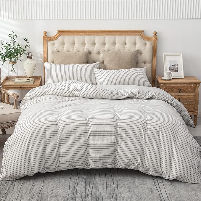 PURE ERA Jersey Knit Duvet Cover Set 100% T-Shirt Heather Cotton Super Soft Comfy Classic Striped Design, with Zipper Closure, Heather White & Black Pinstripe, Queen