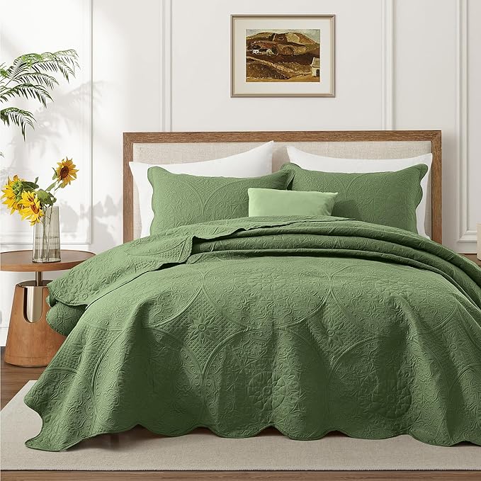 IR Imperial Rooms 10 Pack Queen Quilt Bedding Set (90" x 96") - Bulk Wholesale for Hotels, Guest Bedroom & Airbnbs - Lightweight Microfiber Reversible Floral Embossed Quilts Bedspreads (Olive Green)