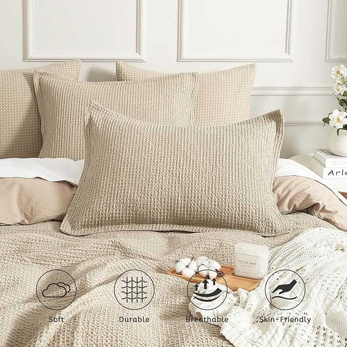 SE SOFTEXLY Waffle Duvet Cover King, 100% Cotton Waffle Weave Bedding Duvet Cover Set, Soft and Breathable Comforter Cover for All Season, 3 Pieces Including Pillow Shams（Khaki, 104”x90”）