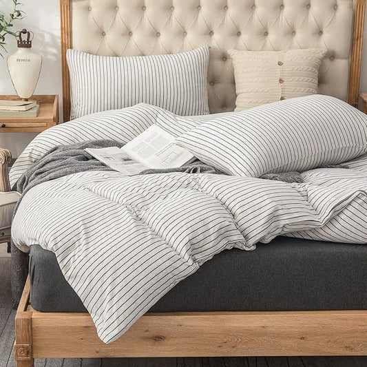 PURE ERA Jersey Knit Duvet Cover Set 100% T-Shirt Heather Cotton Super Soft Comfy Classic Striped Design, with Zipper Closure, Heather White & Black Pinstripe, Queen