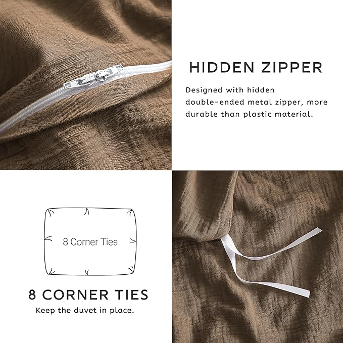 SE SOFTEXLY Muslin Duvet Cover Oversized King Size, 100% Washed Cotton Duvet Cover Set, Soft Comforter Cover Linen Like, 3 Pieces Minimalist Gauze Duvet Cover with 2 Pillowcases, 98"x120", Dark Brown